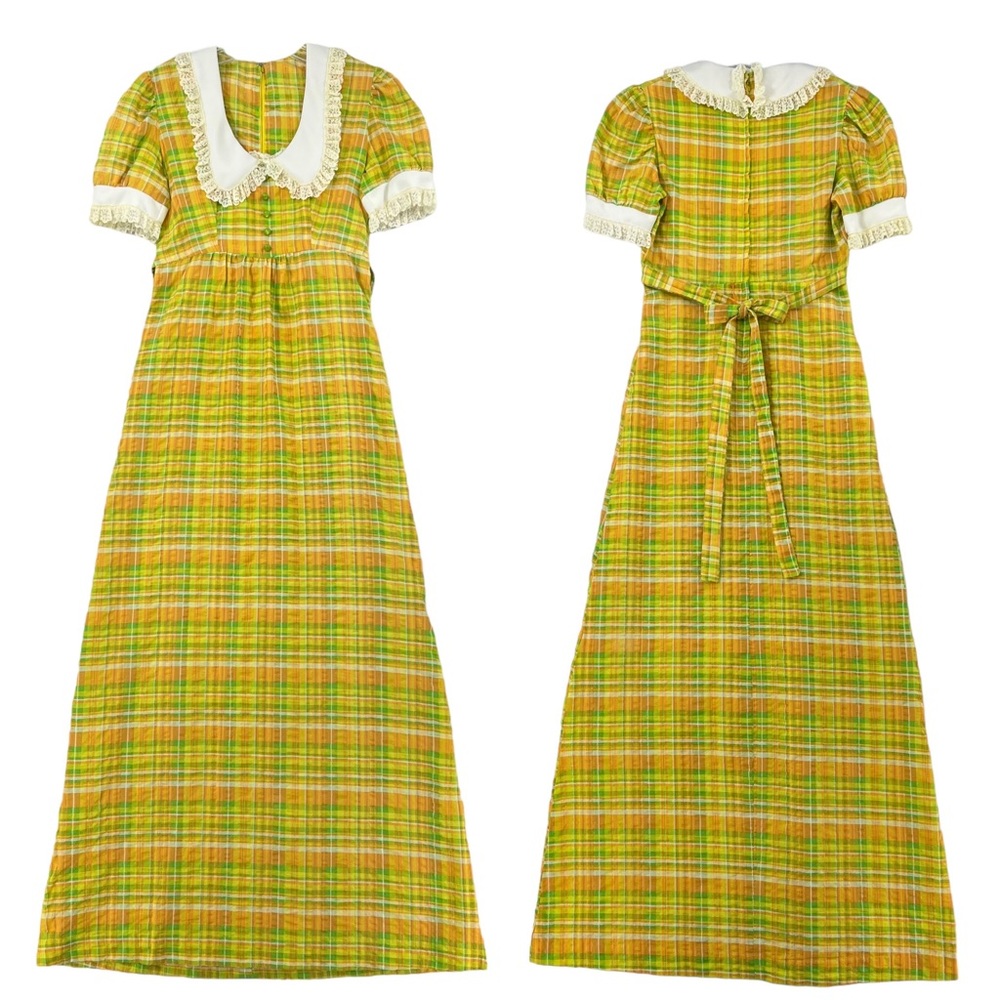 Vintage Yellow, Green, White Plaid Maxi Dress Made in the USA Union Label